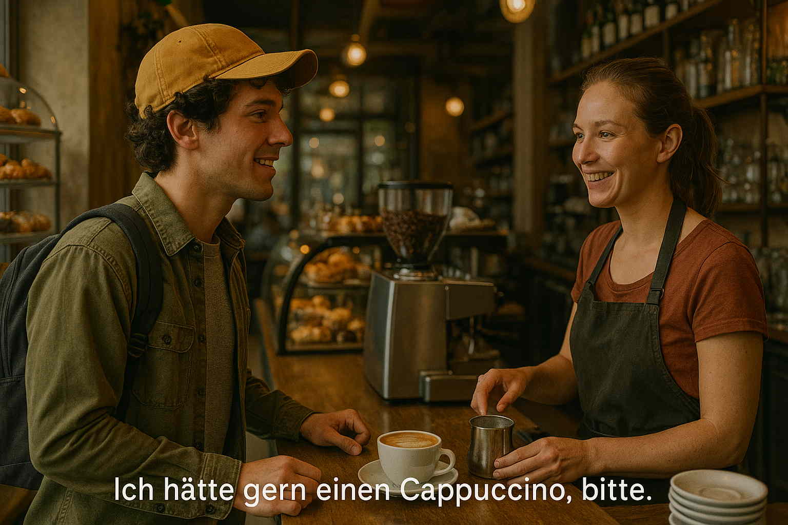 Un voyageur commandant un cappuccino en allemand dans un café à Munich, avec une barista souriante et une ambiance animée.