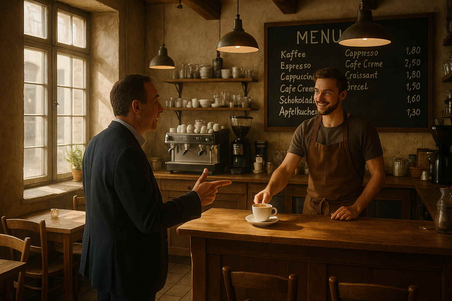 Un café allemand chaleureux avec un client qui commande un café en allemand au comptoir, entouré d’une ambiance authentique et conviviale.