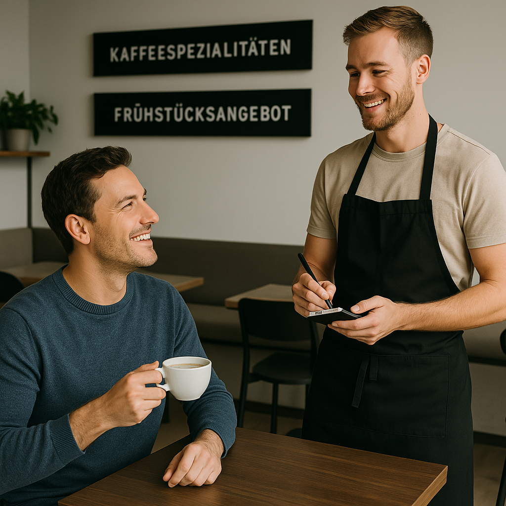 Un client dans un café moderne en Allemagne discutant avec un serveur tout en savourant une tasse de café.