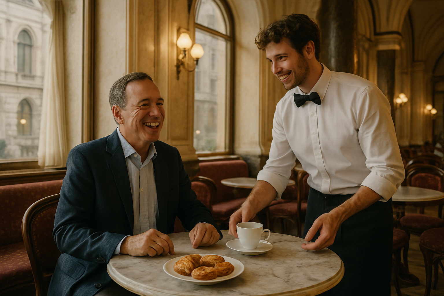 Un client dans un café viennois remerciant un serveur en allemand tout en recevant une tasse de café, avec une atmosphère élégante et locale.