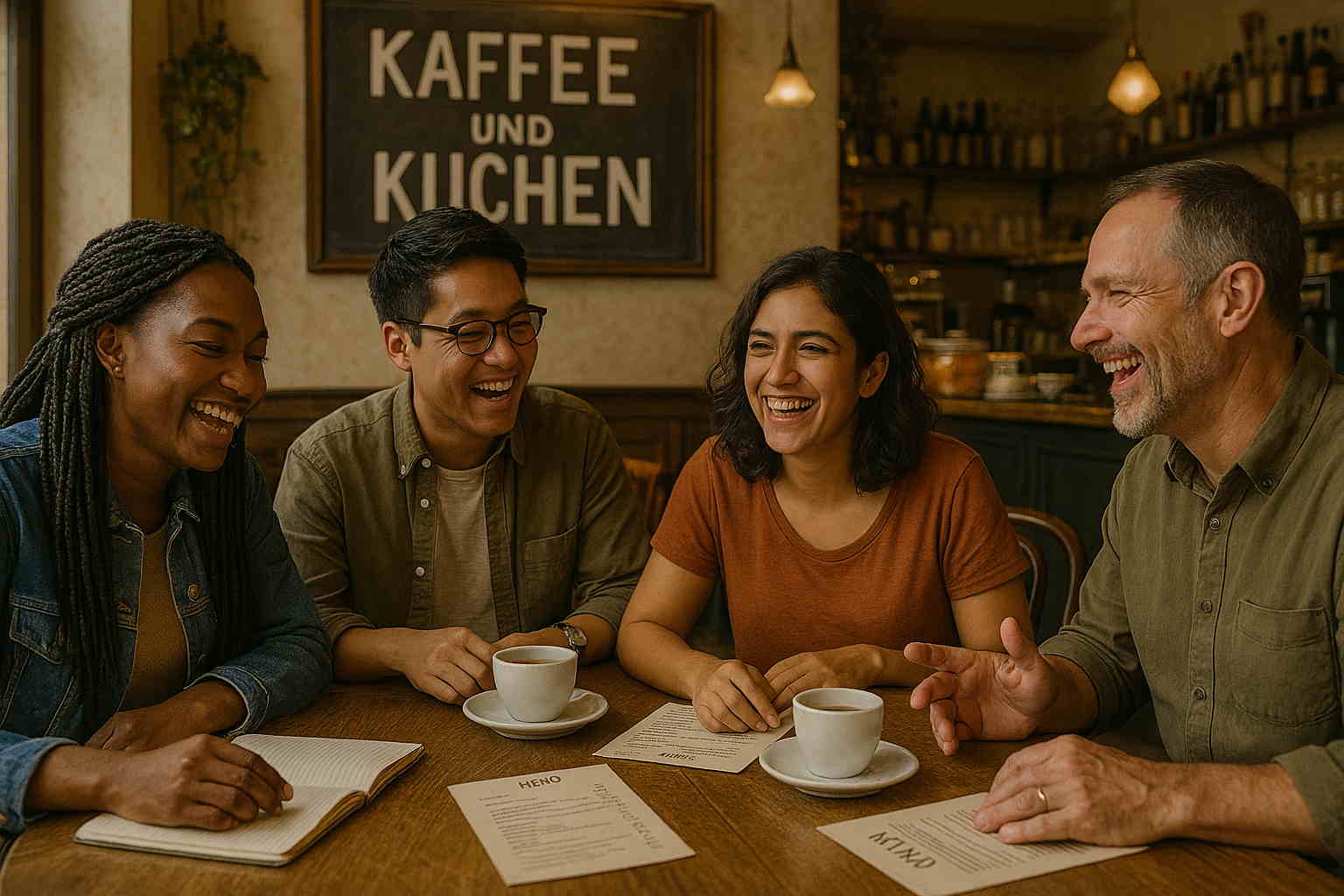 Un groupe de voyageurs partageant leurs anecdotes dans un café berlinois, avec des tasses de café et des menus en allemand.