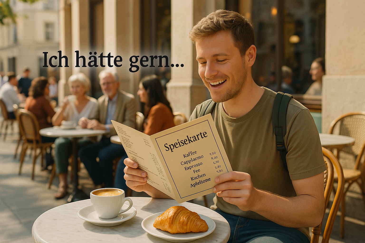 Un voyageur assis sur la terrasse d’un café allemand, consultant un menu en allemand tout en pratiquant une phrase.