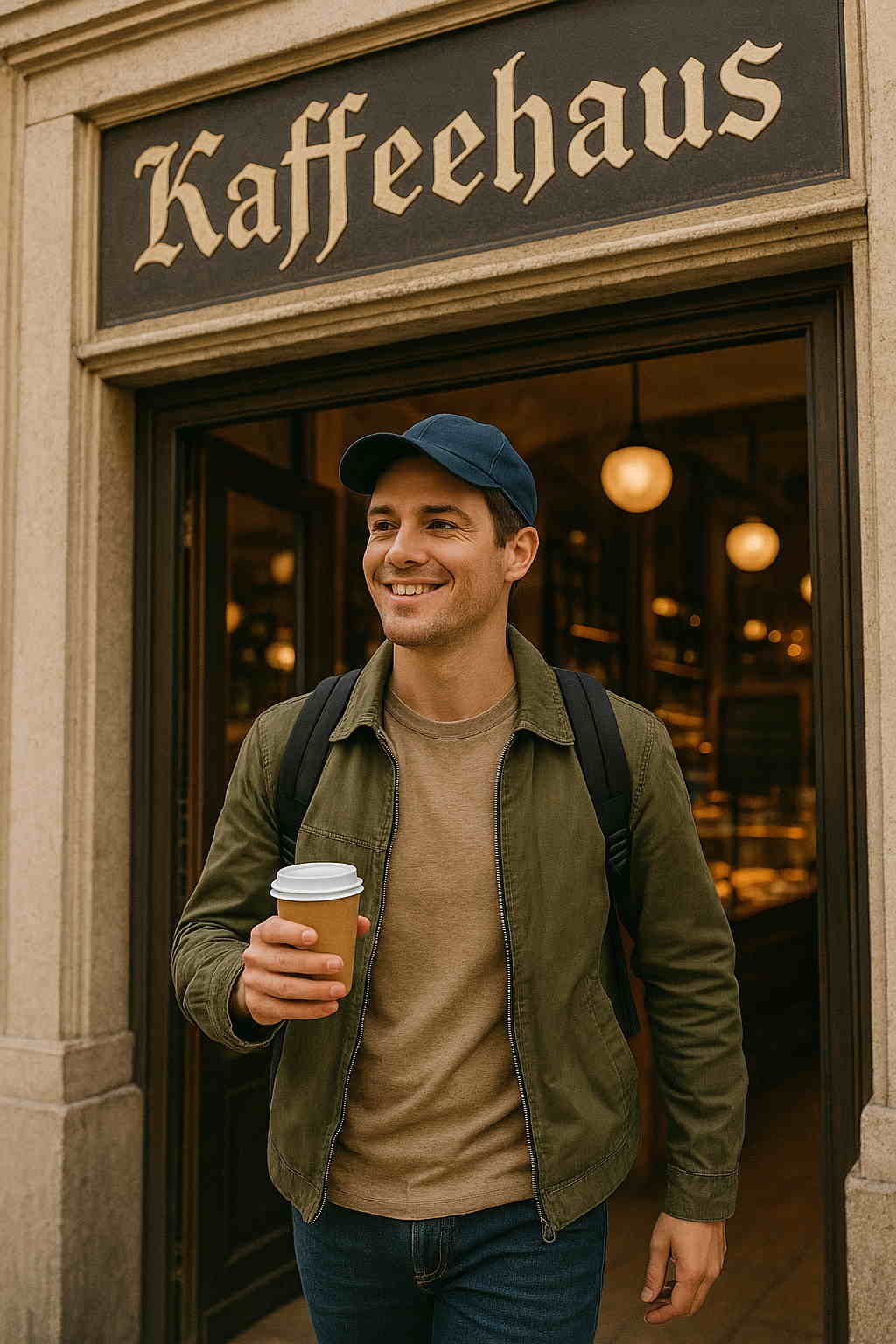 Un voyageur quittant un café allemand avec un café à emporter et un sourire de satisfaction.