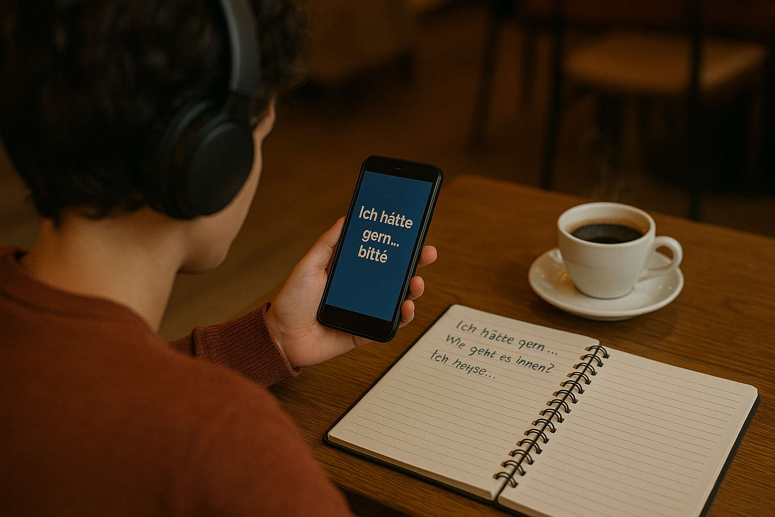 Une personne pratiquant des phrases en allemand avec un casque dans un café, accompagnée d’un carnet et d’une tasse de café fumante.