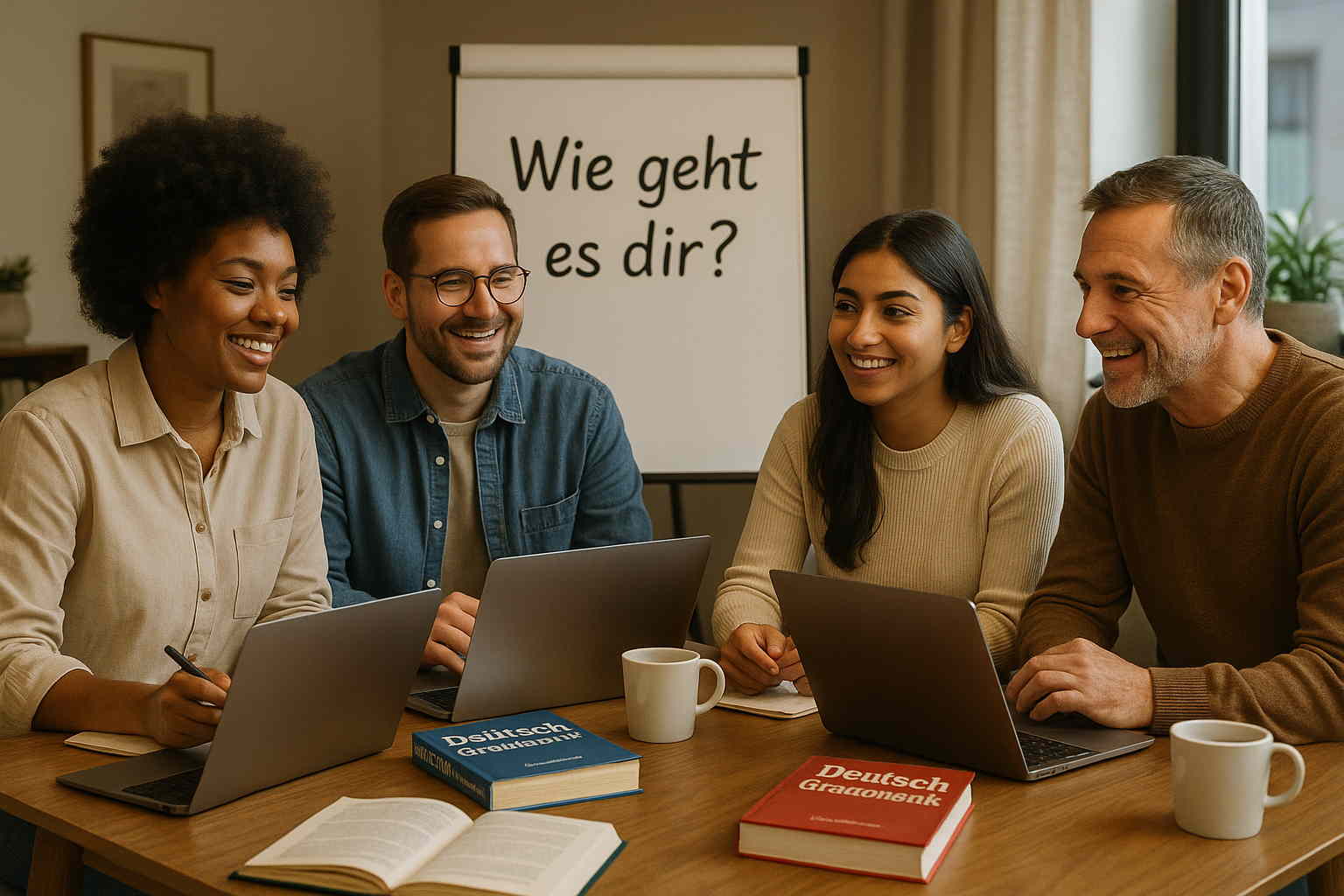 Petit groupe en ligne ou en présentiel en pleine conversation détendue pour apprendre l’allemand ensemble.