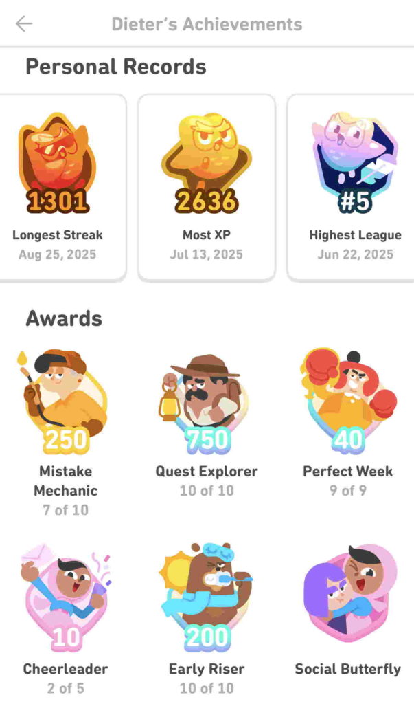 Les distinctions Duolingo après 1300 jours d'apprentissage continu