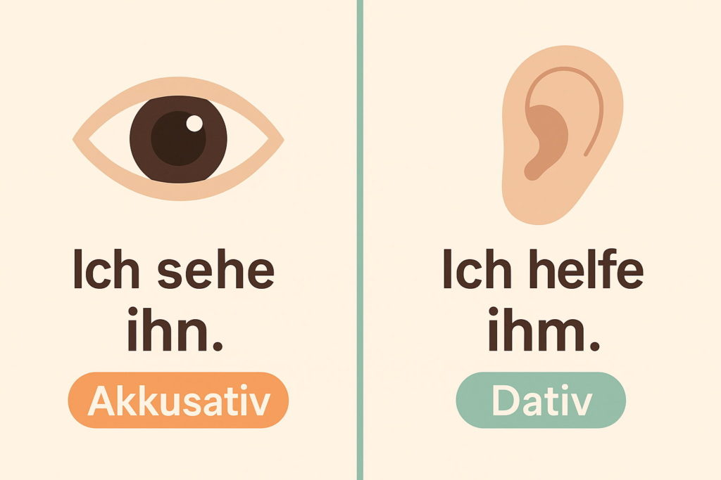 Infographie avec œil (accusatif : « Je le vois ») et oreille (datif : « Je l'aide »).