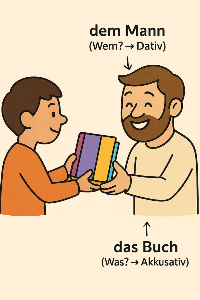 Cartoon montrant une personne qui donne un livre à un homme – datif et accusatif sont clairement marqués.