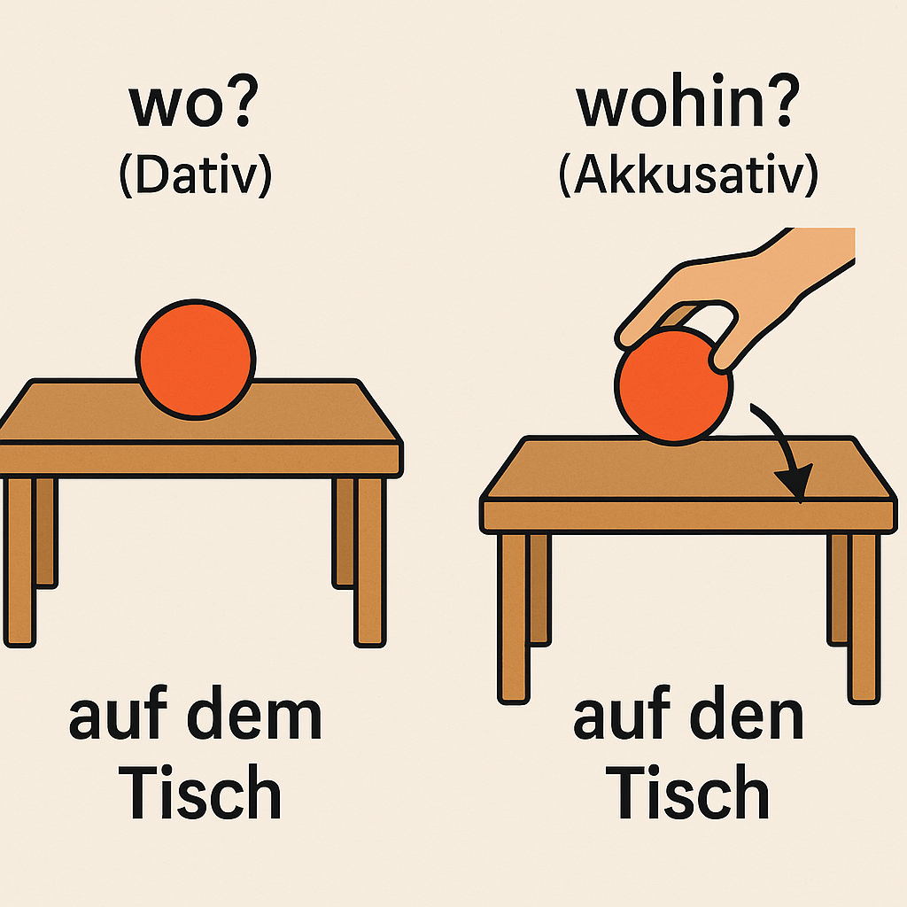 Comparaison entre balle au repos (datif) et mouvement vers la table (accusatif).