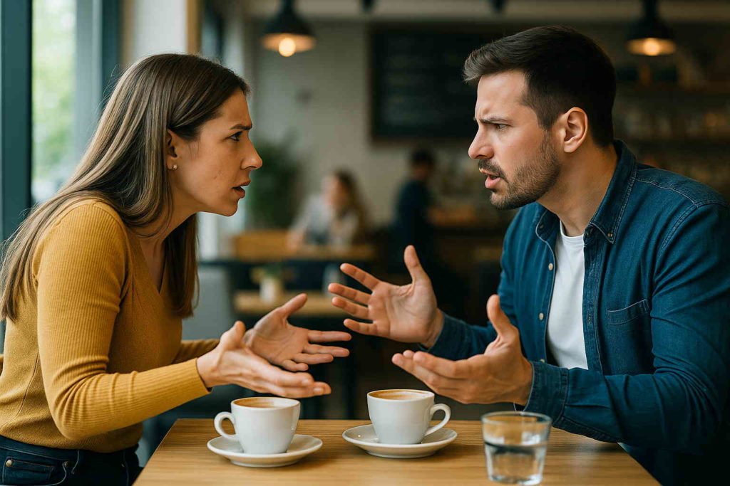 Un homme et une femme sont assis dans un café et se disputent.