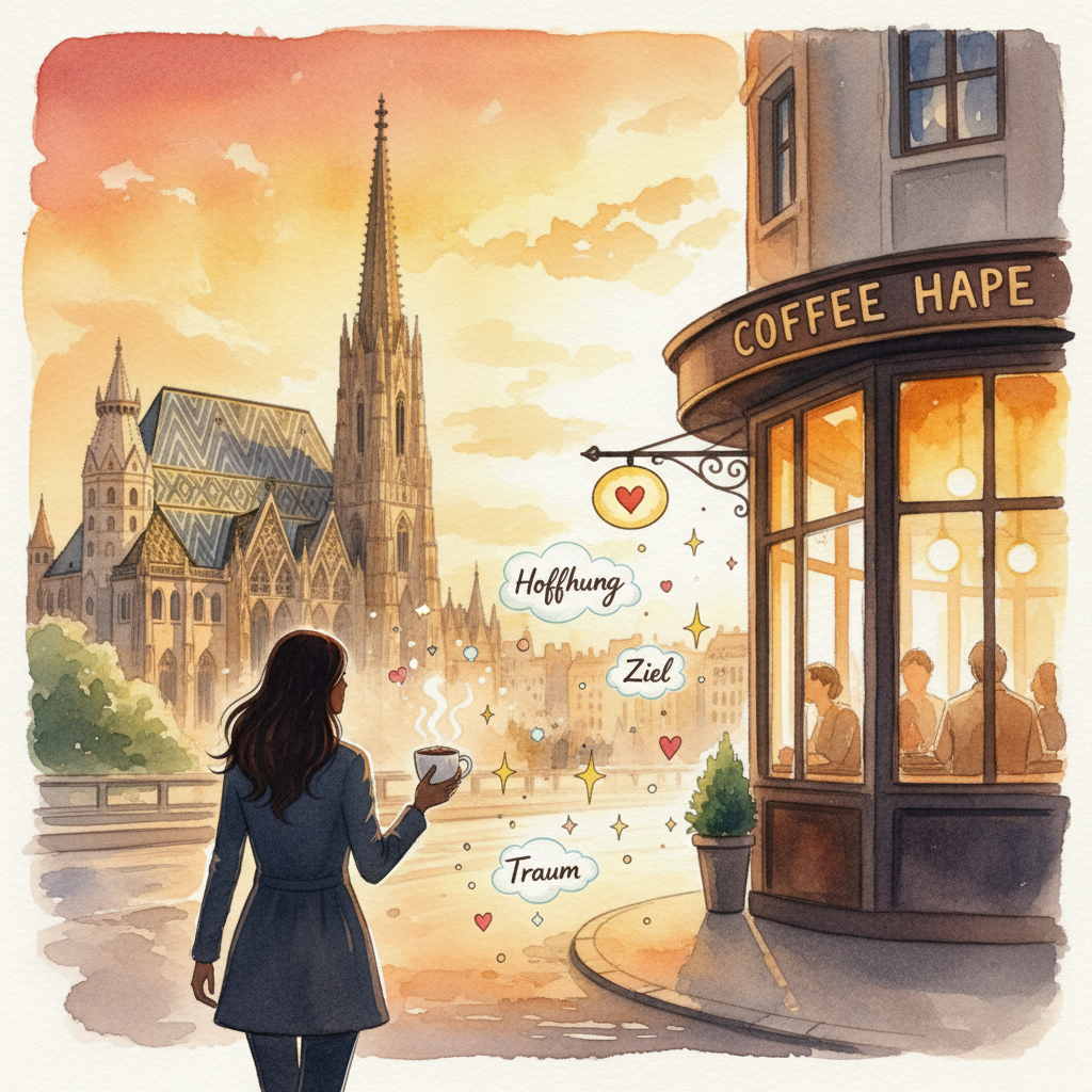 Femme marchant vers un café viennois prête à parler allemand après avoir appris les bases