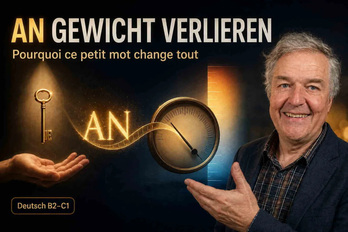 An Gewicht verlieren – pourquoi ce petit mot change tout : une clé dorée au-dessus d'une main ouverte, le mot « an » se muant en cadran gradué, avec Dieter Jeromin. Deutsch B2–C1.