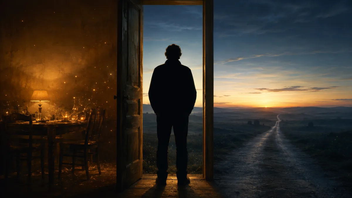Silhouette dans l'embrasure d'une porte : à gauche la lueur chaude d'une fête, à droite une route ouverte à l'aube — regarder en arrière ou souhaiter vers l'avant.