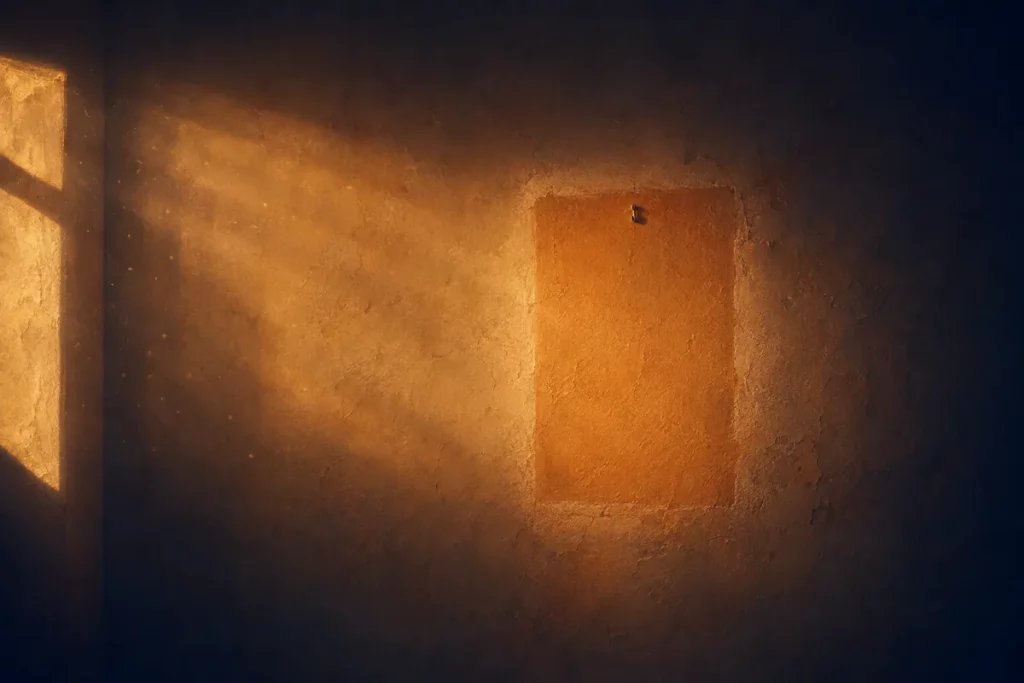 Mur décoloré par le soleil avec un rectangle net et clair à l'emplacement d'un cadre disparu — souhaiter en allemand ou féliciter, et le verbe manquant.