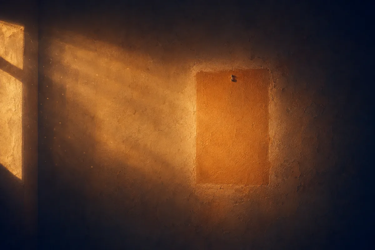 Mur décoloré par le soleil avec un rectangle net et clair à l'emplacement d'un cadre disparu — souhaiter en allemand ou féliciter, et le verbe manquant.