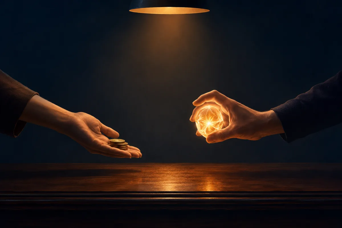 Erwerben ou aneignen : une main tend des pièces, l'autre tient une sphère de lumière