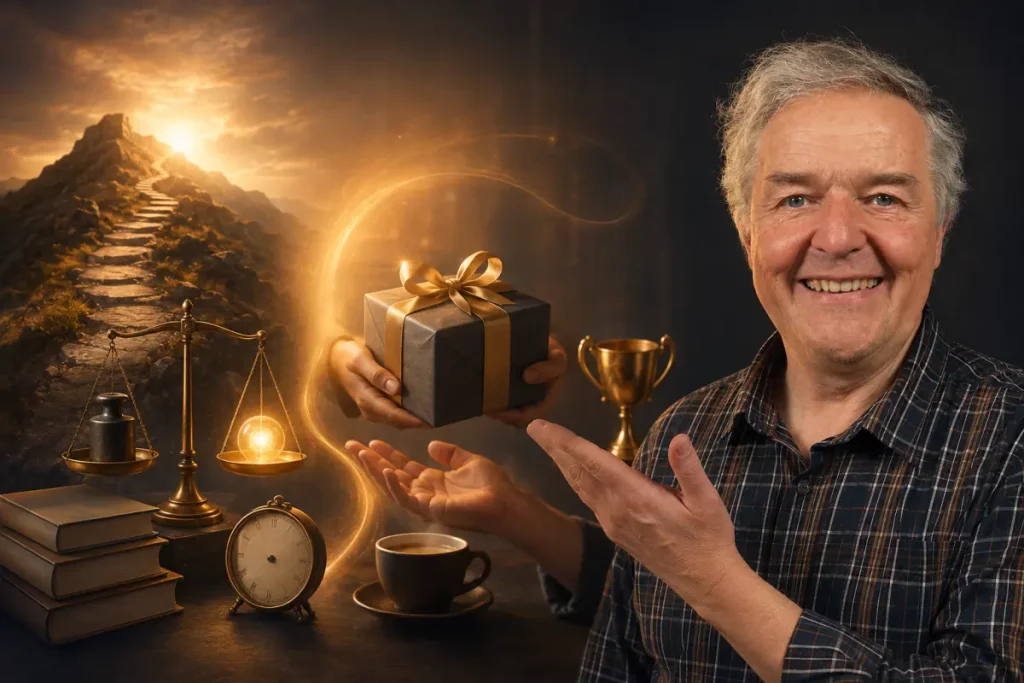 Lohnen ou belohnen : à gauche une balance pesant l'effort contre le bénéfice, à droite un cadeau que l'on remet.
