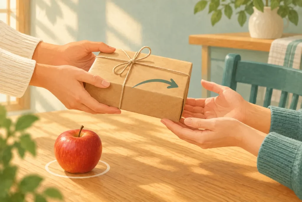 Un paquet passe de main en main, à côté une pomme cerclée – datif ou accusatif : le destinataire et la cible.