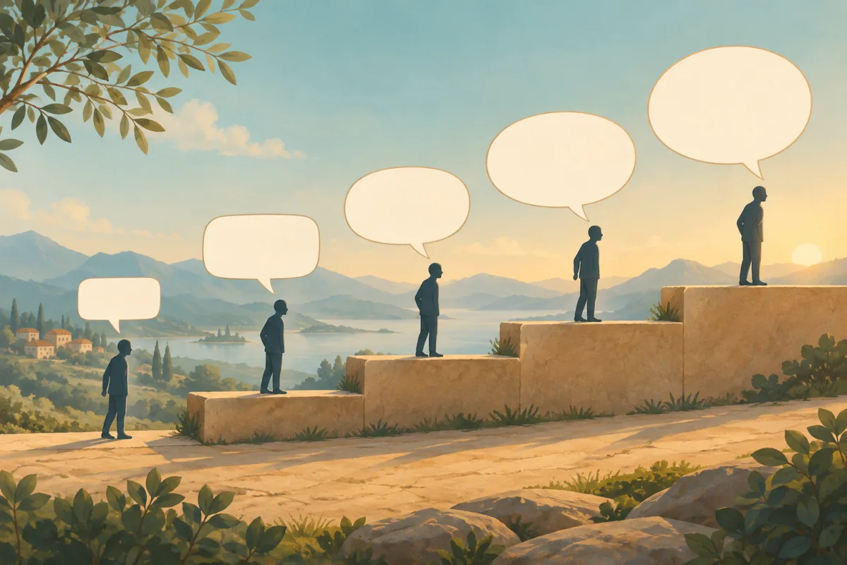 Cinq bulles vides comme des marches, un pas en arrière à chaque marche – demander poliment en allemand, c'est choisir la bonne note.