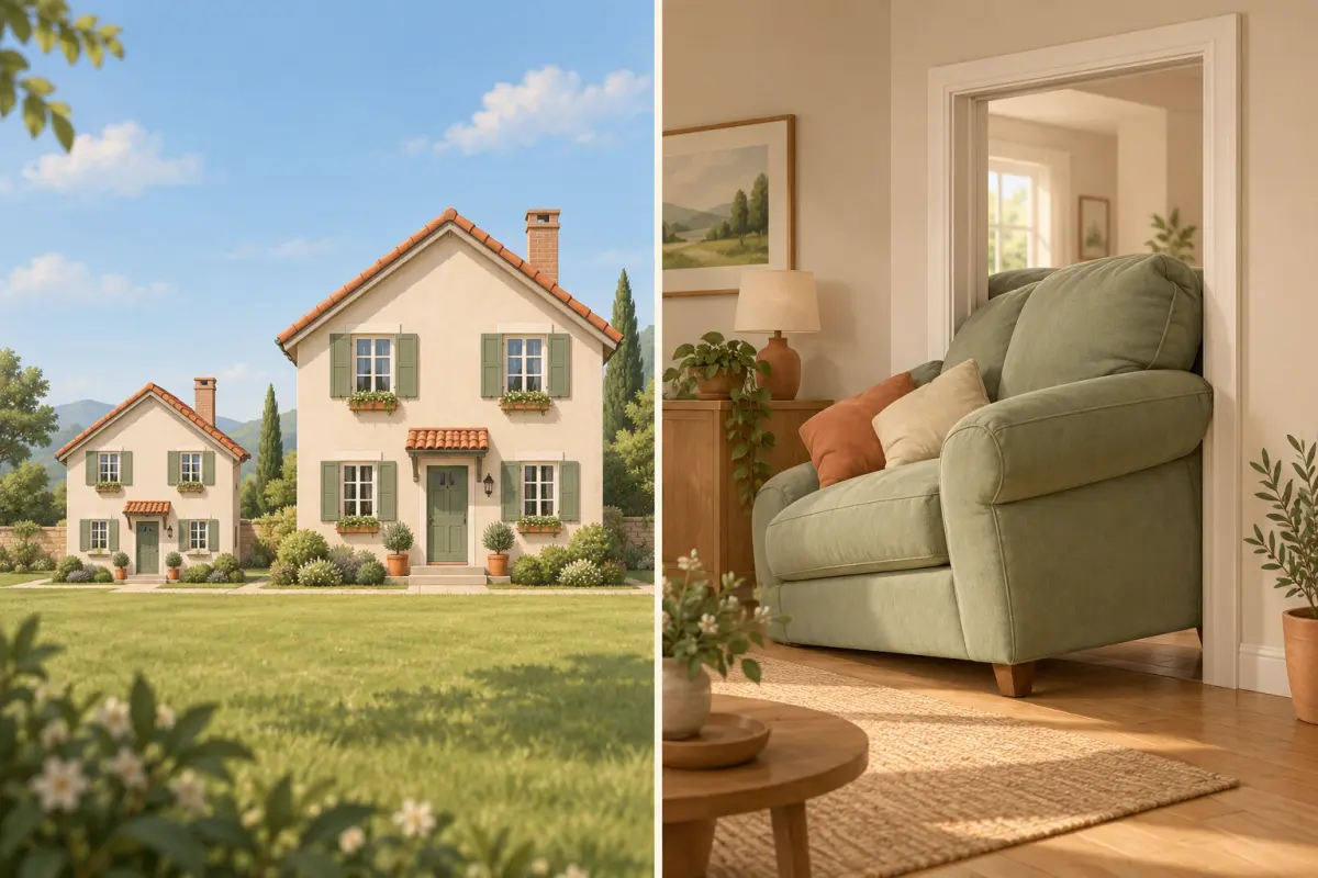 Deux maisons côte à côte, l'une deux fois plus haute que l'autre, à côté un canapé qui ne passe pas la porte – deux fois plus grand en allemand : comparer ou juger