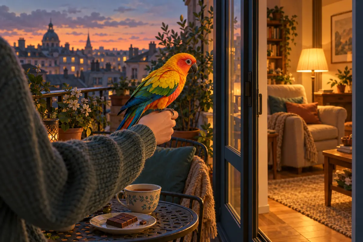 Un perroquet coloré est ramené du balcon vers le salon éclairé, le soir – dürfen en allemand : le perroquet n'a pas le droit de rester sur le balcon