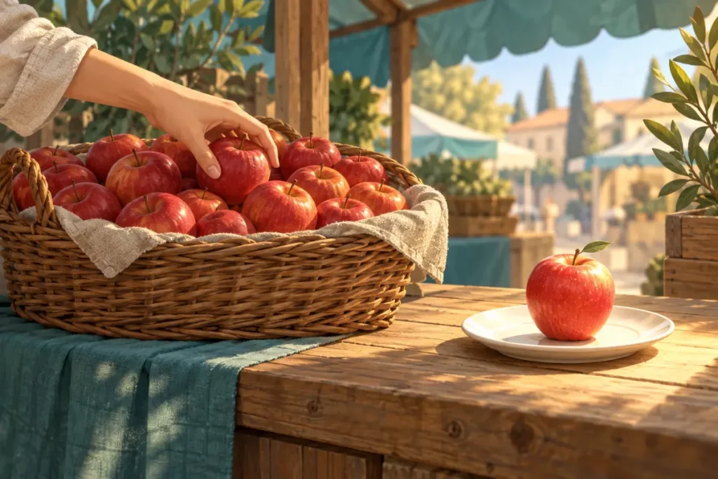 Un panier de pommes identiques sur un étal, une main en prend une au hasard, à côté une seule pomme sur une assiette – einen ou einem : l'article indéfini au datif et à l'accusatif.