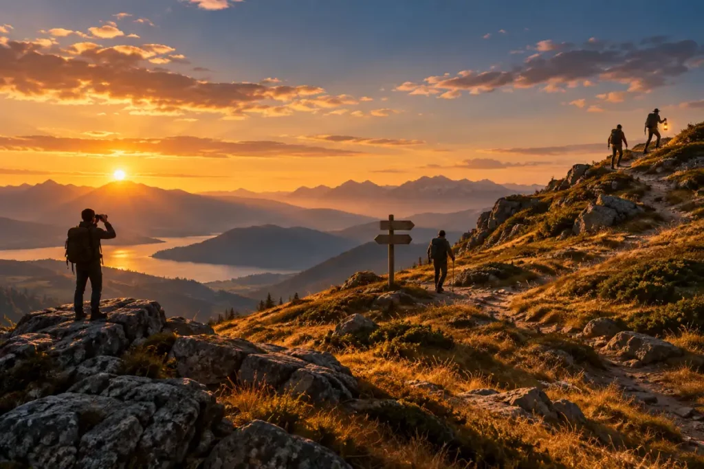 Un sentier de montagne au soleil couchant : en haut, un randonneur suit un guide à la lanterne, au milieu un autre obéit au panneau, au premier plan un troisième observe tout aux jumelles – folgen ou verfolgen, et entre les deux befolgen