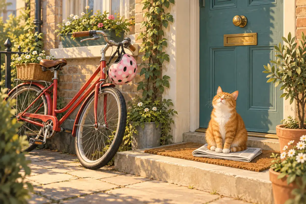 Un vélo rouge avec un casque rose à pois sur le guidon devant une porte d'entrée – génitif saxon en allemand : Annas Fahrrad, le vélo d'Anna