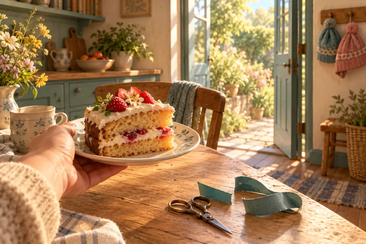 Une main tend une part de gâteau au-dessus de la table de cuisine, à côté de petits ciseaux et d'un ruban coupé – impératif allemand du ihr Sie : nimm, kommt, kommen Sie