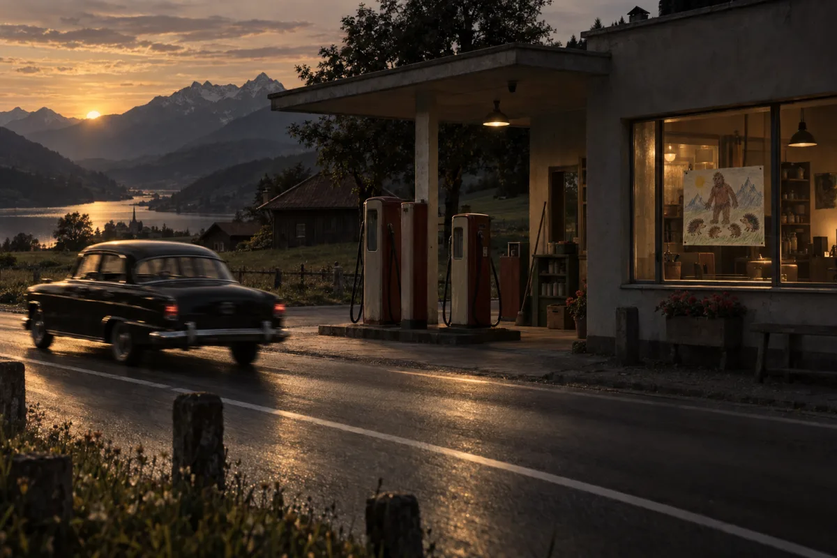 Une station-service sur une route de Suisse au soleil couchant, une voiture noire qui passe, un dessin d'enfant avec un géant et des hérissons à la fenêtre – La Promesse de Dürrenmatt.