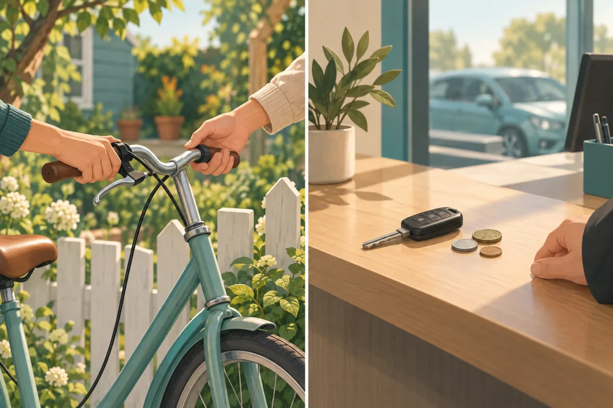À gauche, deux mains se passent un vélo par-dessus une clôture ; à droite, une clé de voiture près de quelques pièces sur un comptoir – mieten ou leihen en allemand : la relation décide.