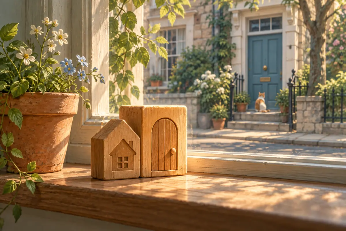 Deux cubes de bois sur un rebord de fenêtre, une petite maison et une porte plus grande, à côté un pot de fleurs – mots composés allemands : le dernier mot choisit l'article