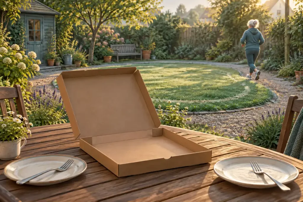 Une grand-mère court autour du jardin le matin, sur la terrasse un carton de pizza vide – Perfekt avec haben ou sein : ist gelaufen, hat gegessen