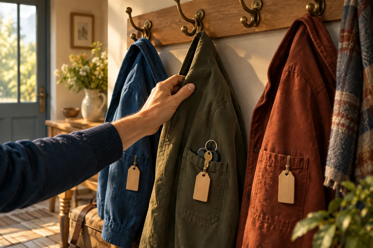 Trois vestes au crochet, chacune avec son étiquette, une main en attrape une – possessifs allemands datif ou accusatif : meinen, deinem, seiner.