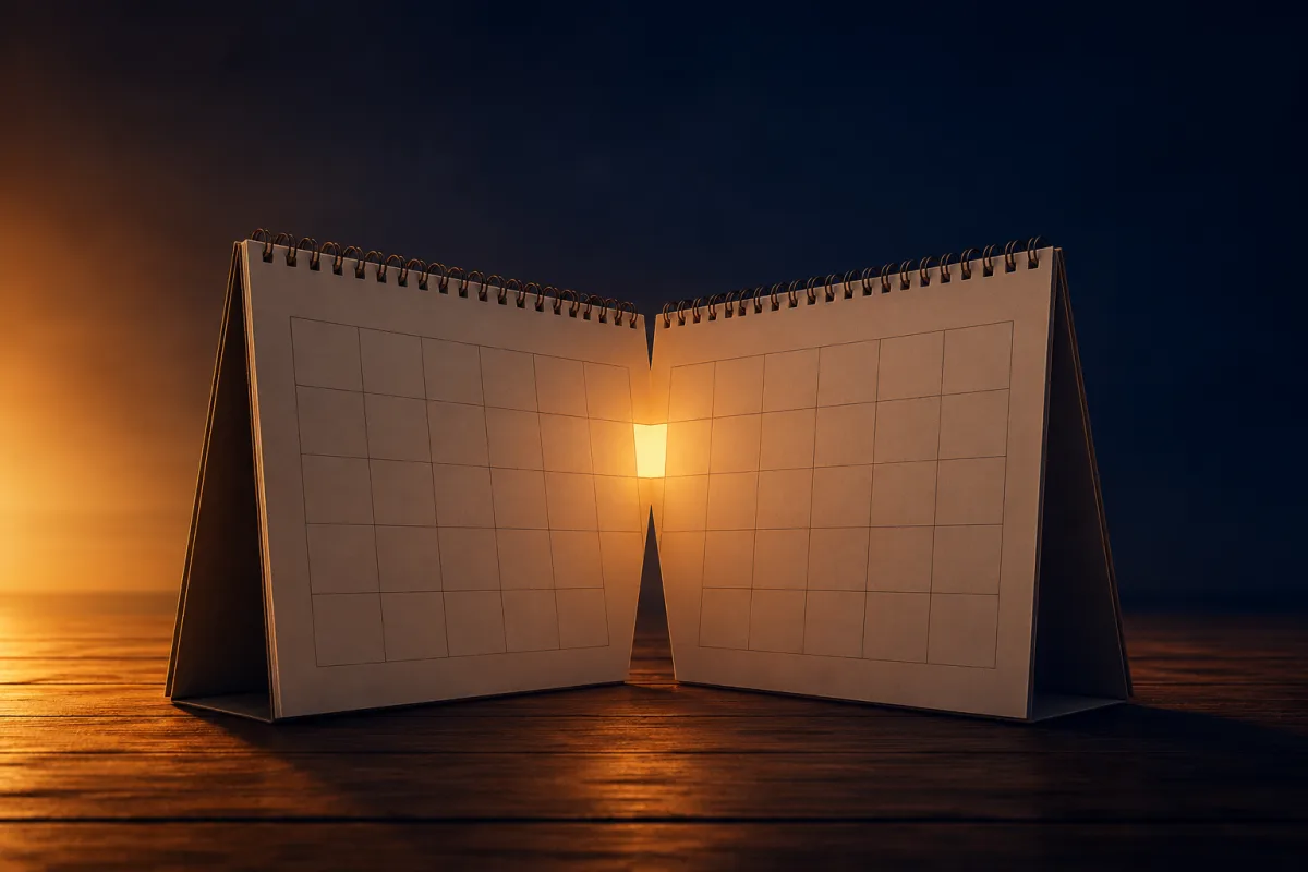 Deux pages de calendrier penchées l'une vers l'autre comme pour une poignée de main, une seule case brille – prendre rendez-vous en allemand : deux agendas, un oui.