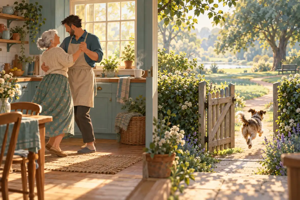 Un chien passe la porte du jardin, à l'intérieur mamie danse avec l'oncle – prépositions allemandes datif ou accusatif