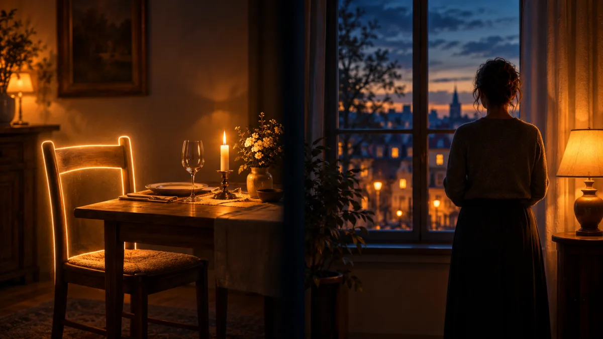Image en deux volets : à gauche le vide à la table dressée, à droite une personne qui regarde la porte – tu me manques en allemand, deux points de vue.