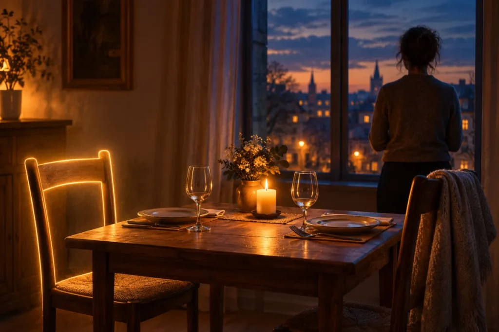 Une chaise vide à gauche, une personne à la fenêtre à droite, une bougie entre les deux – tu me manques en allemand : le vide et le cœur.