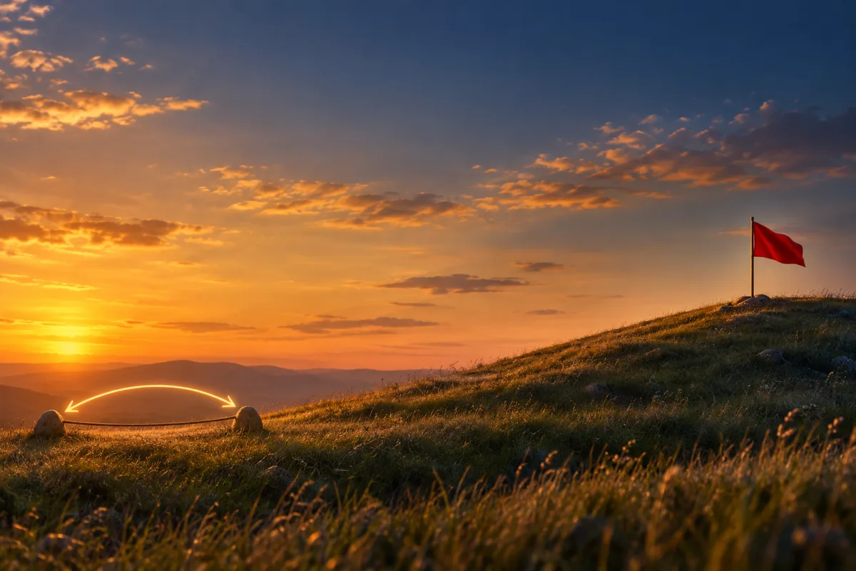 Une crête herbeuse au soleil couchant : à gauche, un arc de lumière enjambe l'écart entre deux pierres ; en haut, un fanion rouge – um ou auf en allemand, le chemin ou la destination