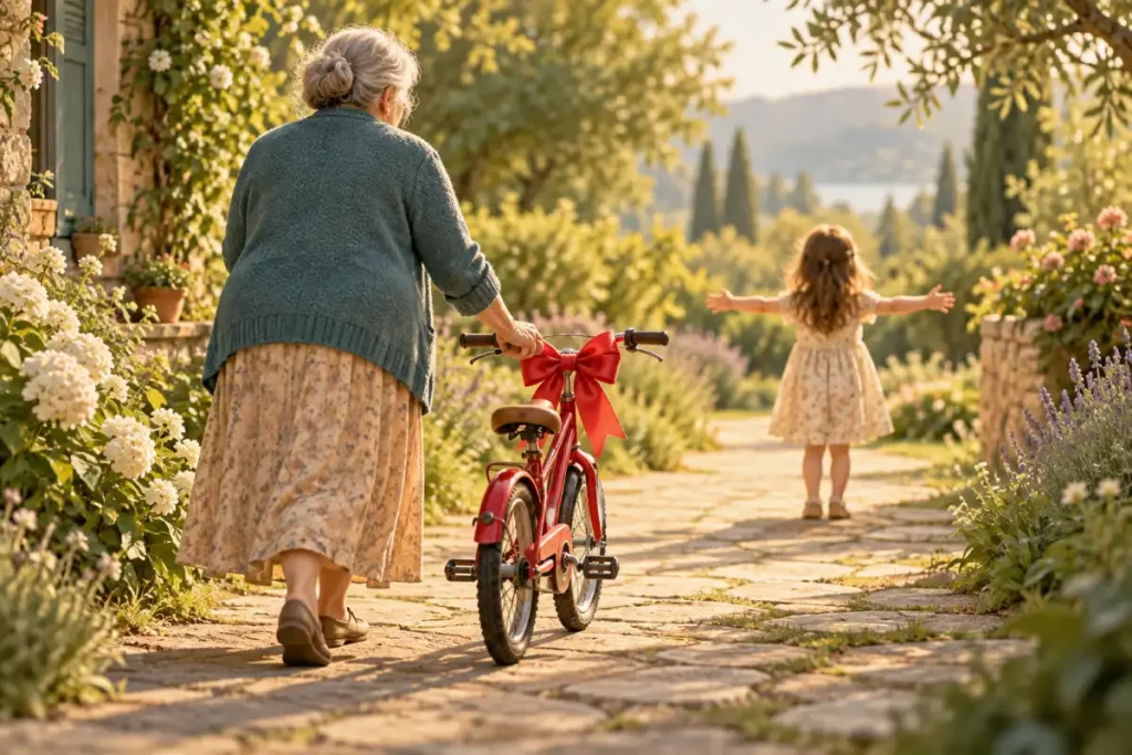 Une femme pousse un vélo rouge à nœud vers un enfant – verbes datif et accusatif : qui donne quoi à qui