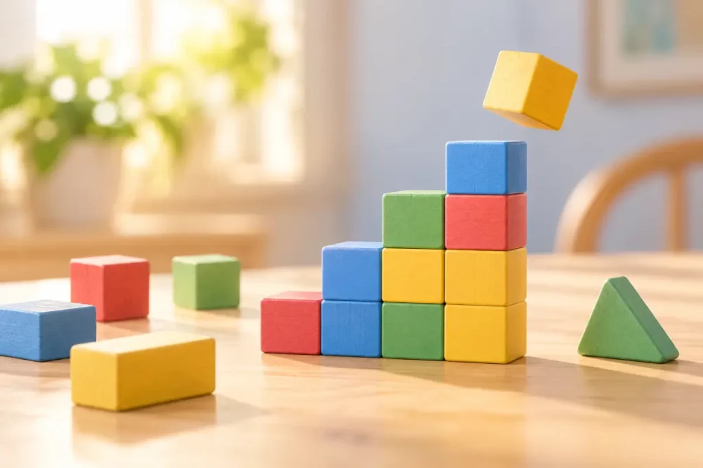 Des cubes de bois colorés sur une table, certains empilés en escalier, d'autres posés à côté, prêts à s'emboîter – weise ou mäßig en allemand : construire des mots comme des Lego