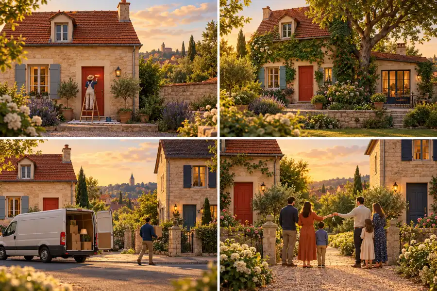 La même maison quatre fois : une porte repeinte en rouge, du lierre et un grand arbre des années plus tard, un déménagement vers une autre maison, deux familles qui échangent leurs clés – changer en allemand : ändern, verändern, wechseln, tauschen