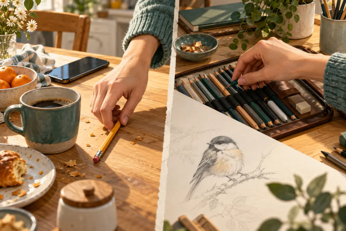 La même main deux fois : à gauche, elle attrape un crayon au hasard sur une table de cuisine en désordre ; à droite, elle choisit avec soin un crayon à dessin dans une trousse bien rangée – benutzen ou verwenden, l'usage ou l'emploi réfléchi