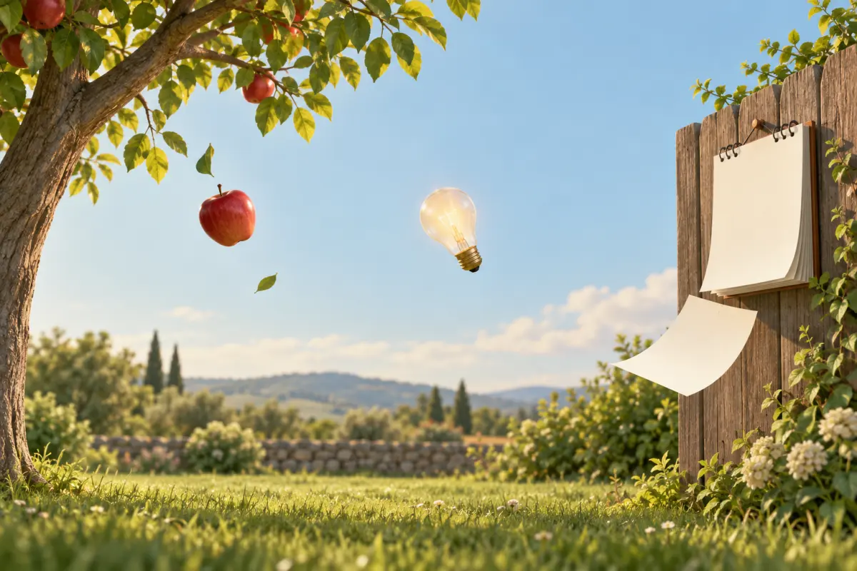 Un matin calme : une pomme tombe d'un arbre, une ampoule descend doucement et une feuille s'échappe d'un calendrier – einfallen ou auffallen, tout tombe et personne ne décide
