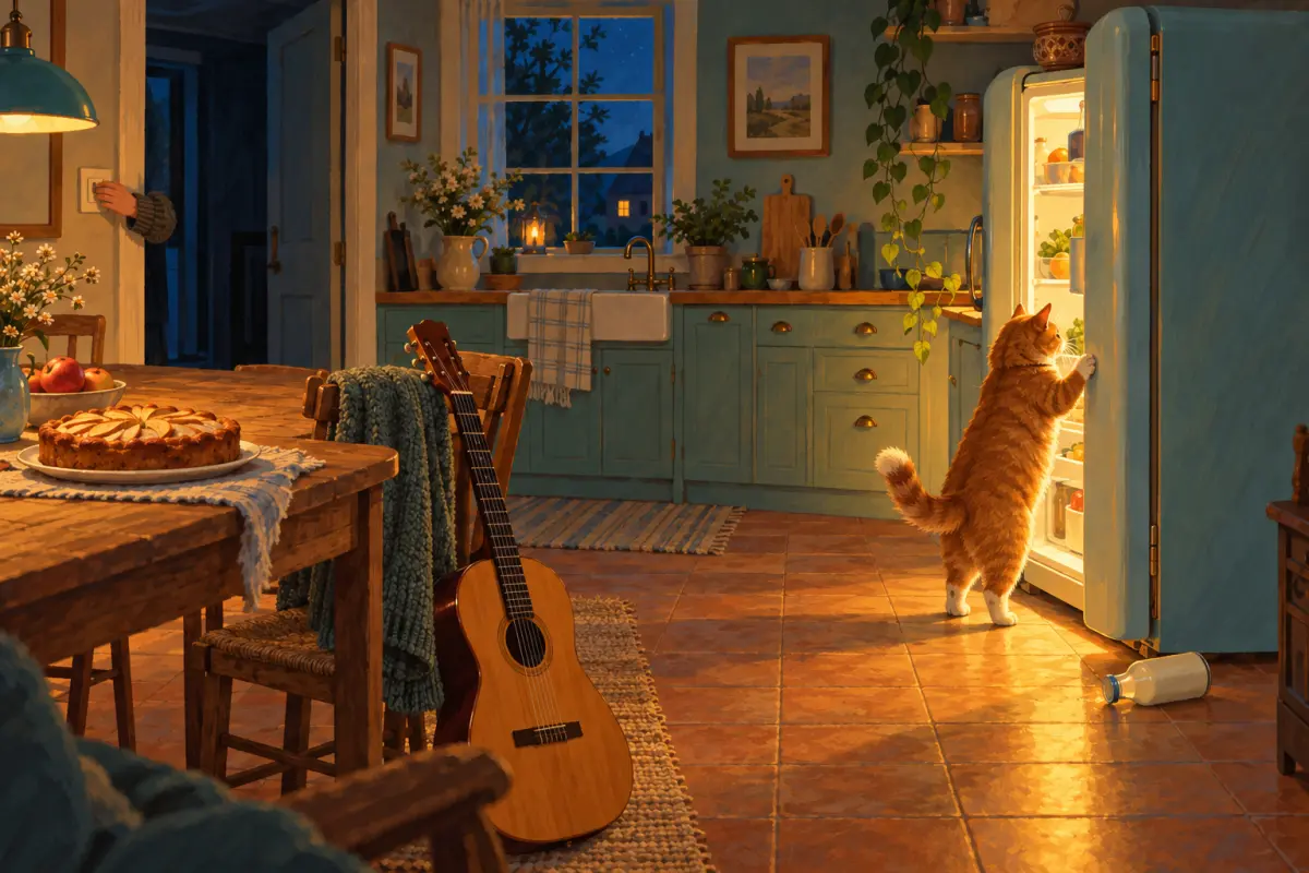 Une chatte rousse ouvre le frigo avec sa patte, la nuit, dans une cuisine chaleureuse – pouvoir en allemand : unsere Katze kann den Kühlschrank öffnen